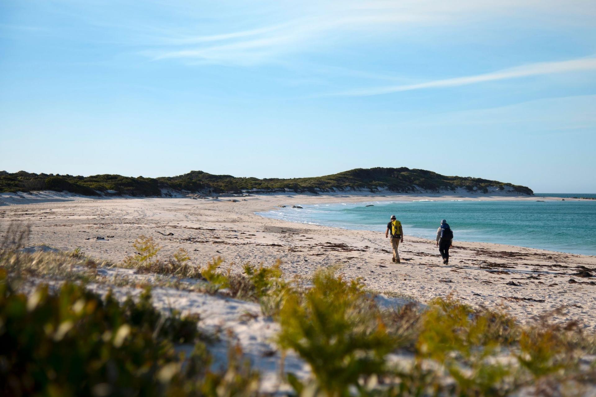 Two hikers walk along the pristine white sands of a secluded beach on the wukalina Walk in the Bay of Fires, Tasmania. Turquoise waters lap the shore, bordered by low coastal scrub and a clear blue sky on the horizon. © The wukalina Walk
