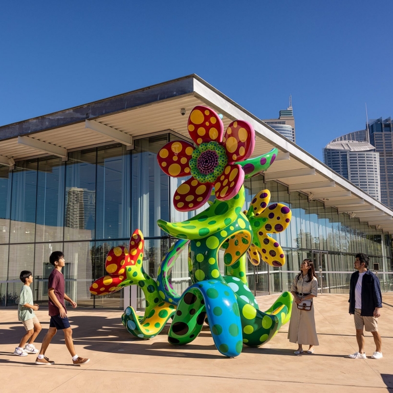 Visitors at the Art Gallery of New South Wales, Sydney, admire a large, vibrant outdoor sculpture by Yayoi Kusama. The whimsical, flower-like forms are covered in colourful polka dots against the gallery's modern glass façade. © Tourism Australia
