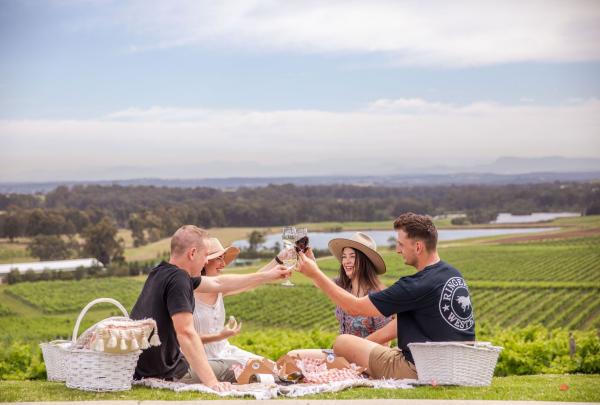 A group of four friends enjoys a scenic picnic on a grassy hill at Audrey Wilkinson in the Hunter Valley. They are seated on a white blanket with picnic baskets, raising their wine glasses for a toast against a backdrop of rolling green vineyards and distant mountains under a bright sky. © Agnew Wines