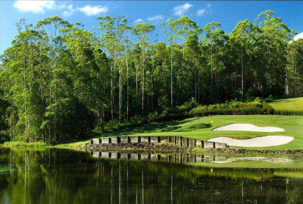 A view across a calm, reflective water hazard toward a manicured green at Bonville Golf Resort. Two bright white sand bunkers sit beside the green, which is protected by a low timber retaining wall. A wall of lush, emerald-green forest creates a secluded backdrop, with the water perfectly mirroring the towering trees and blue sky. © Bonville Golf Resort