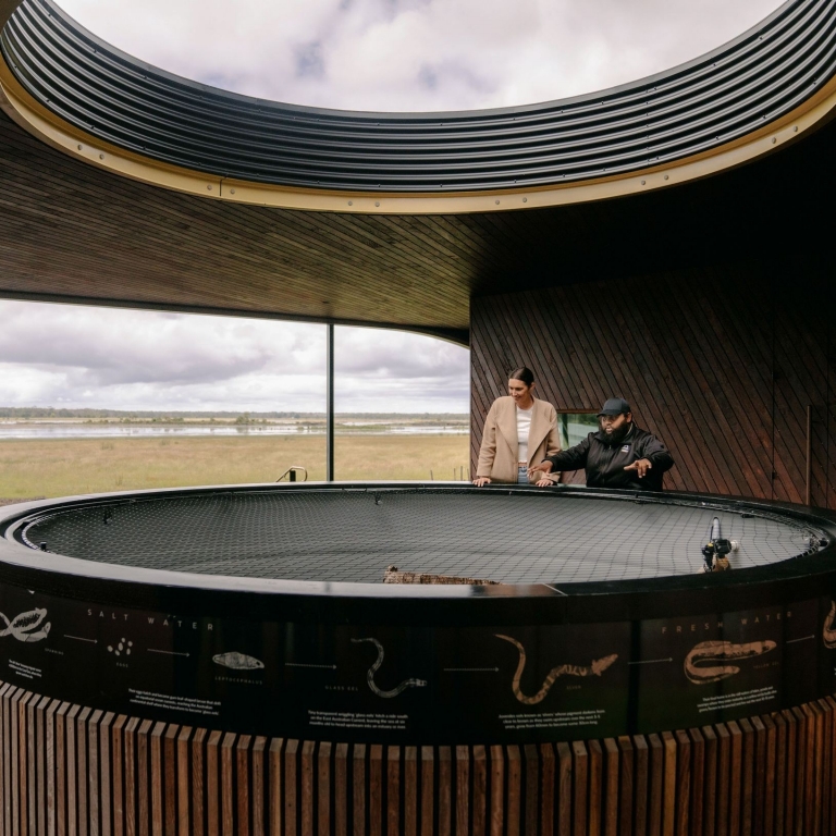 Inside the Tae Rak Aquaculture Centre, a visitor and guide look into a large circular tank. The tank's exterior features traditional illustrations and information about the lifecycle of the kooyang (short-finned eel). © Tourism Australia