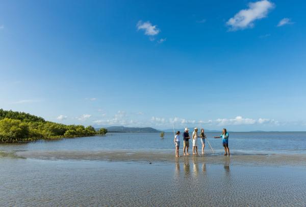 On a bright, clear day with Down Under Tours - Daintree Dreaming at Mossman Gorge, Queensland, a group of travellers stands on a shallow, sandy flat as an Indigenous guide shares cultural stories by the calm coastal waters. © Tourism Australia
