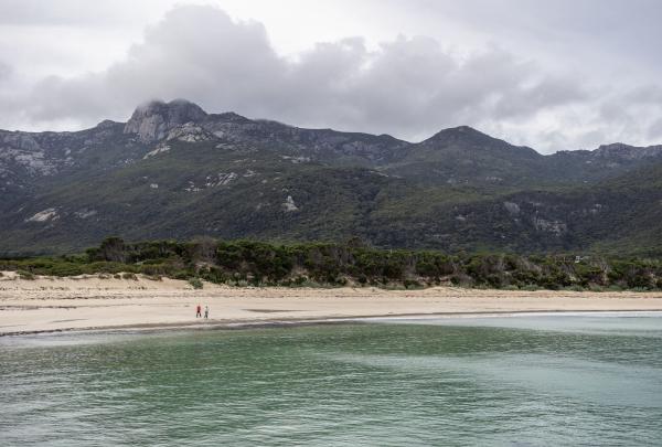 Two figures walk along the vast, white sands of a secluded beach during a Flinders Island Walking Adventure in Comfort, Tasmania. Rugged, green-clad mountains rise sharply in the background under a dramatic, cloudy sky. © Tourism Australia