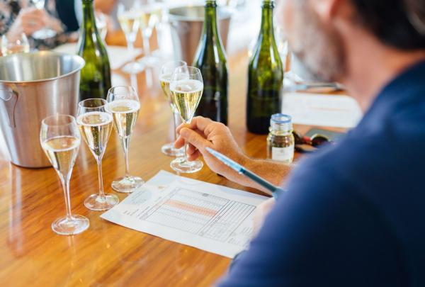 Man taking part in the Art of Sparkling experience at Josef Chromy Wines, Relbia, Tamar Valley, Tasmania © Tourism Australia