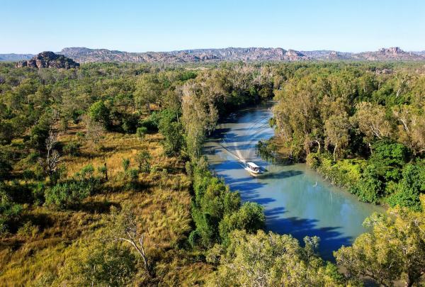 Aerial view of boat on Arnhemlander Cultural & Heritage 4WD Tour, Kakadu National Park, Jabiru, Northern Territory © Tourism Australia