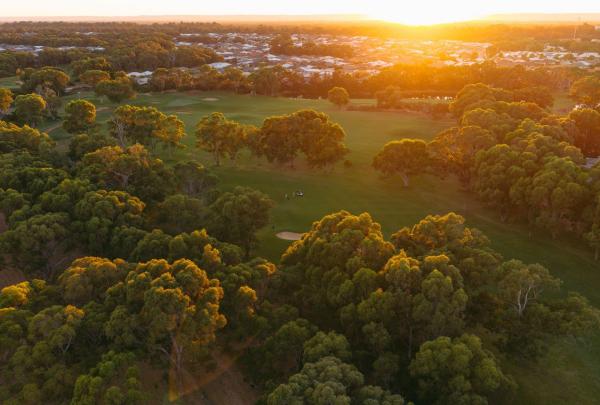 An aerial view of Meadow Springs Golf and Country Club in Meadow Springs, Western Australia, at sunset. The golden hour light illuminates the lush green fairways and the canopy of ancient Tuart trees, with the surrounding residential landscape and the Darling Scarp visible in the distance. © Tourism Australia