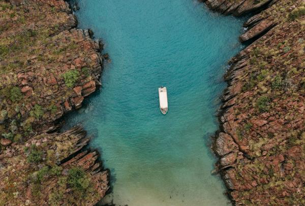 Aerial view of boat tour by Oolin Sunday Cultural Tours, Kimberley, Northern Territory © Tourism Australia
