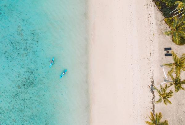 A bird’s eye view aerial captures the pristine beach of Orpheus Island Resort on the Great Barrier Reef. Two people kayak through the beautiful, crystal-clear turquoise water, their paddles gently rippling the surface. The white sandy beach is framed with lush green palm trees, creating a tropical paradise. Sunlight glistens on the water. © Tourism Australia