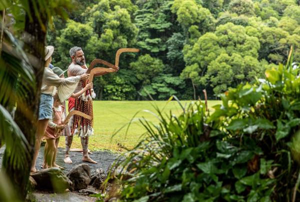 An indigenous guide with boomerang, Pamagirri Aboriginal Experience, Tropical North Queensland, Queensland © Tourism Australia