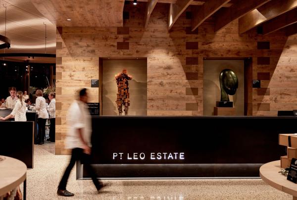 In the evening, the interior of the restaurants at Pt Leo Estate in Mornington Peninsula , Merricks, Mornington Peninsula, Victoria © Tourism Australia