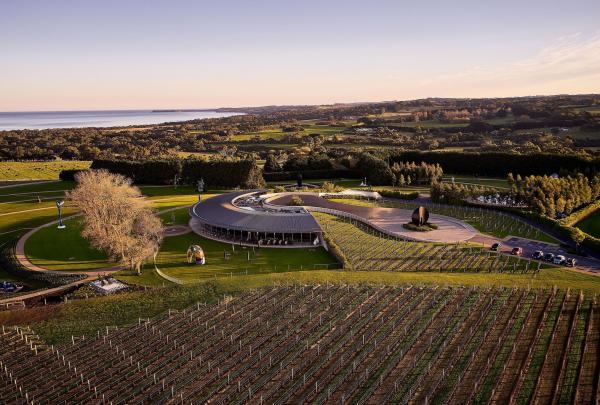 As the sun sets over the Mornington Peninsula, golden hues embrace the vast expanse of Pt Leo Estate's vineyards, Merricks, Mornington Peninsula, Victoria © Tourism Australia