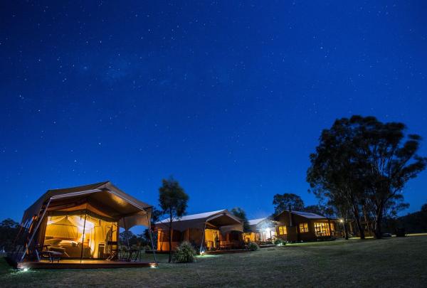 Accommodation lodges at night, Scenic Rim Trail, Scenic Rim, Queensland © Spicers Retreat/ Great Walks of Australia