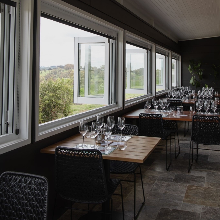 Interior shot of Swinging Bridge Cellar Door with views out over the vineyards, Orange, Central New South Wales, New South Wales © Swinging Bridge