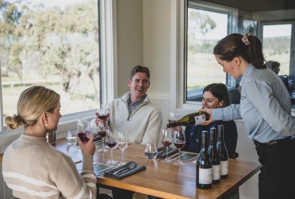 A selection of wines are poured for guests enjoying Indulge experience, Swinging Bridge, Orange, Central New South Wales, New South Wales © Swinging Bridge