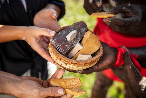 Basket with stones at Tiwi Design, Tiwi Tours, Wurrumiyanga, Bathurst Island, Northern Territory © Tourism NT
