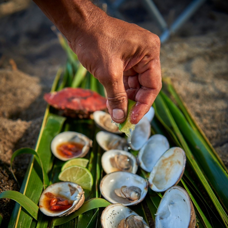 Fresh oysters on palm leaves by Walkabout Cultural Adventures, Mossman Gorge, Tropical North Queensland © Tourism and Events Queensland