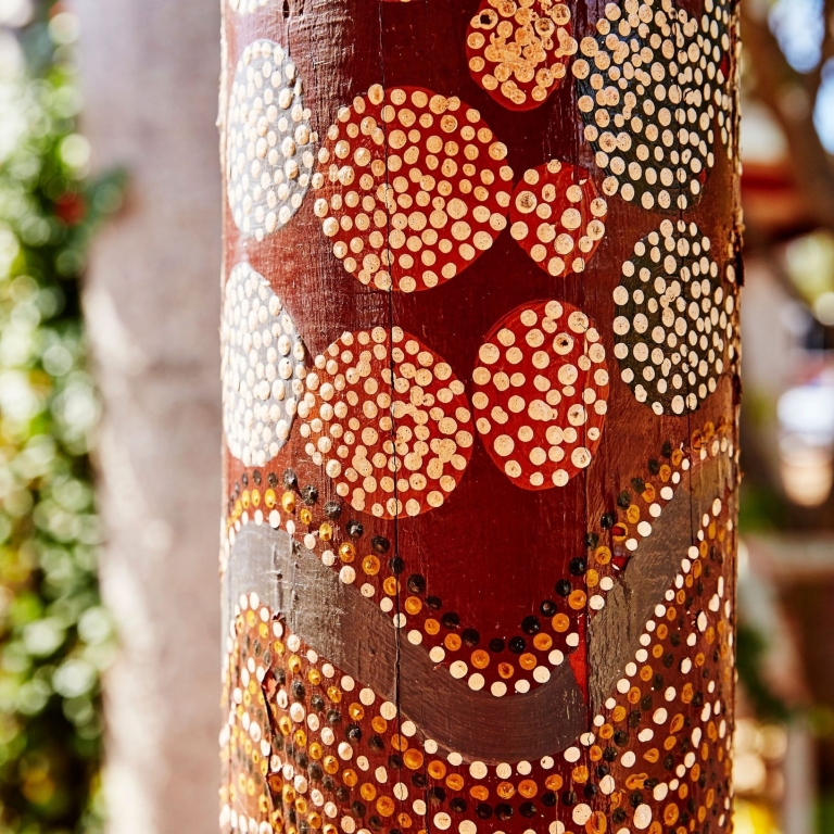 A close up of Indigenous artwork, Waringarri Aboriginal Arts & Tours, East Kimberley, Western Australia © Tourism Western Australia